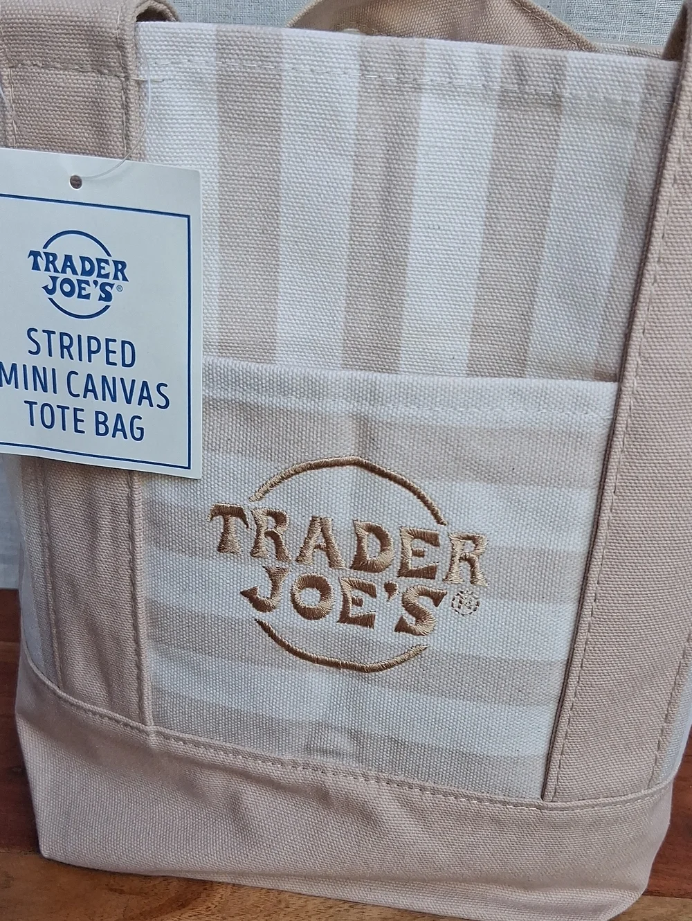 Trader Joe's Striped Mini Canvas Tote Bag Tan